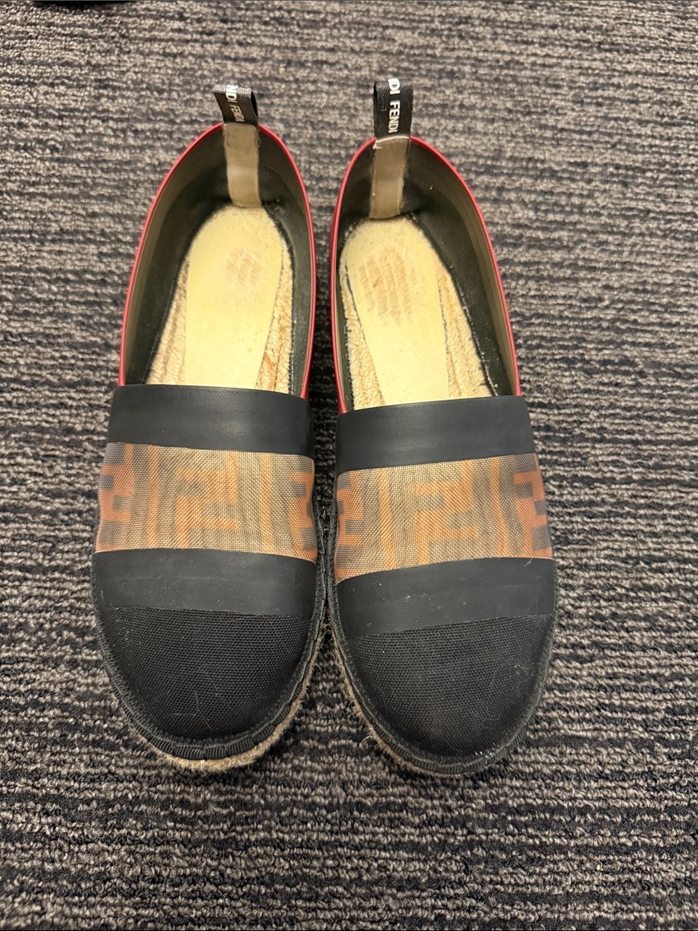Fendi Brown & Black FF Logo Slip-On Espadrilles with Red Trim Size 36